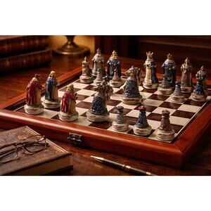 Excalibur 2001 Medieval Resin Chess Set 15” Wood Storage Board Complete